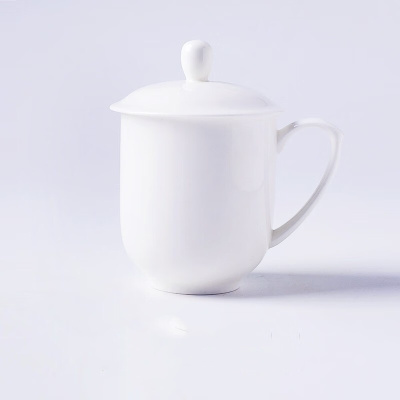 景德镇瓷器杯带盖陶瓷茶杯商务会议杯办公家用纯白1号茶杯1只装约380ml