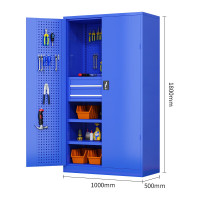泰士特 车间重型工具柜五金储物柜零件柜带挂板多功能钢制铁皮柜加厚工具柜车间置物柜 三层二抽带挂板柜蓝色