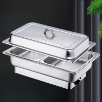 云霜豪华304不锈钢电加热保温布菲炉 长方形不锈钢盘三格 配电热板+酒精炉(长方形明炉)