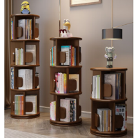 率达实木旋转落地书架置物架 4层[胡桃色]可360度旋转