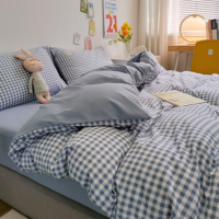 苏宁 优合创佳 纯棉四件套 1.8m床蓝格床单款 被套200*230cm床单245*250cm 枕套48*74cm