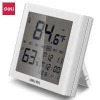 得力(deli)8958室内温湿度计 LCD带时间闹钟多功能电子温湿度计 白色