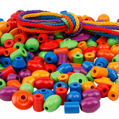 木制彩虹串珠玩具大颗粒穿绳串串珠子儿童手工珠串珠链星月绕珠玩具积木块串珠