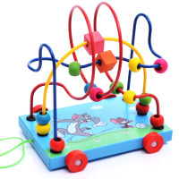 宝宝木制早教智力绕珠串珠拖拉车婴儿玩具儿童算数形状配对串珠绕珠拉车玩具