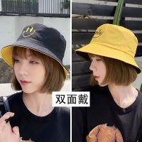 小雏菊双面戴渔夫帽子女韩版新款遮阳防晒盆帽男笑脸太阳帽子薄款-双面帽子;【粉白笑脸】