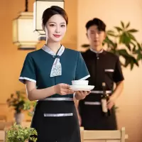 餐饮服务员工作服女短袖夏季中式茶餐厅西餐厅农家乐火锅店工装男-男红色上衣;3XL
