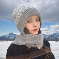 新款帽子女秋冬天百搭针织帽毛线帽保暖护耳护脖韩版潮围巾一体帽-保暖护耳围巾一体帽【黑色】1件装