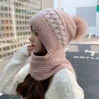 新款帽子女秋冬天百搭针织帽毛线帽保暖护耳护脖韩版潮围巾一体帽 -保暖护耳围巾一体帽【粉色】1件装