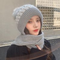 新款帽子女秋冬天百搭针织帽毛线帽保暖护耳护脖韩版潮围巾一体帽 -保暖护耳围巾一体帽【灰色】1件装