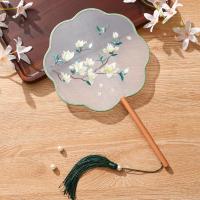 团扇古风扇子儿童夏半透长柄流苏舞蹈扇女古装汉服旗袍刺绣小圆扇--萦心（双面刺绣）-