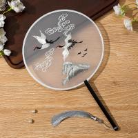 团扇古风扇子儿童夏半透长柄流苏舞蹈扇女古装汉服旗袍刺绣小圆扇- 鹤凌（双面刺绣）