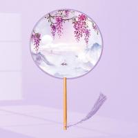 古风丝质团扇半透明长柄扇子女中国风舞蹈扇汉服旗袍古装小圆扇- - （半透丝质）紫藤萝