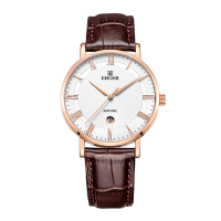 依波（EBOHR）石英机芯大师系列 罗马字钉日历防水 牛皮表带 皮带白盘 36000234白面棕皮男表