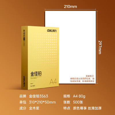 得力(DELI) 金佳铂 A4 80G 500张/包 计价规格:5包/箱 复印纸