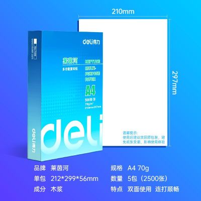 得力(deli)7401复印纸莱茵河70克A4打印纸a4白纸复印纸5包/箱