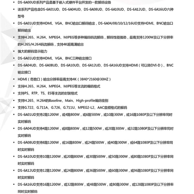 海康威视 4路解码器 DS-6A04UD(不含安装)(单位:台)