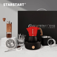 摩卡壶大礼盒10件套双阀2人份-木纹2.0手磨-红黑款