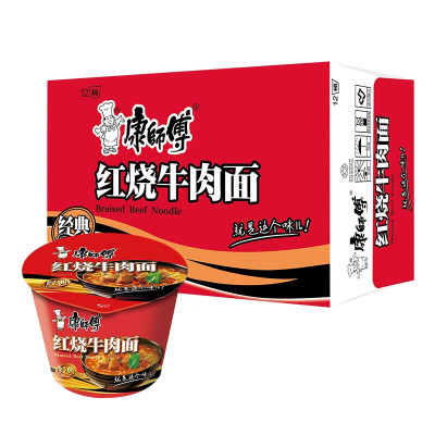 康师傅方便面桶装 经典红烧牛肉面桶面106g*12