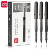 得力(deli)S656-Q1中性笔黑色直液式走珠笔0.5mm签字笔水笔学生考试用 12支/盒