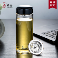 希诺玻璃杯单层带滤网加厚大容量水杯男士商务办公泡茶杯车载便携杯子 黑蓝 XN-6195适中容量400毫