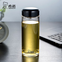 希诺单层玻璃杯大容量便携车载杯子 带滤网加厚水晶杯男士耐热透明带PU皮套泡茶杯 6196黑色