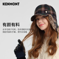 Kenmont 骑车护耳加绒加厚保暖鸭舌帽女纯羊毛格纹毛呢棒球帽km-5204