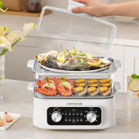 九阳电蒸锅16L大容量双旋调时控火不锈钢蒸片蒸煮涮火锅聚餐兼备电蒸箱