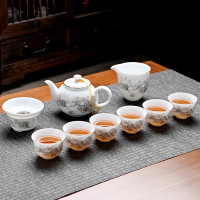 景德镇冰种羊脂玉茶壶功夫茶具套装/10头白冰种茶壶-山水人家 单位:套