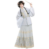 [桂花兔]明制立领女刺绣补服琵琶袖马面裙秋冬款 蓝色琵琶袖+蓝色马面裙 单位:套