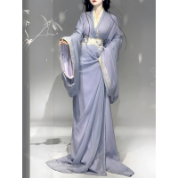 战国袍汉服女装仙气大袖拖尾直裾古装古风舞蹈演出服 米白色(齐地款)单位:套