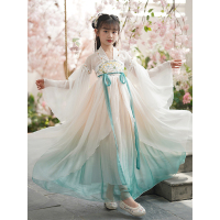 汉服女童古风超仙女孩襦裙中国风唐装儿童古装演出服春夏 青绿色(赠四配饰)单位:套