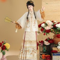 檀香阁好柿连连汉服女明制方领比甲刺绣中国风马面裙 白色对襟短衫+黄色里衣+米色马面裙 单位:套