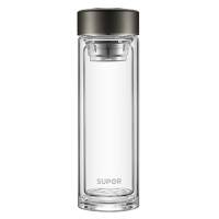 苏泊尔玻璃杯400ml双层隔热玻璃水楠木黑KCG40AH10