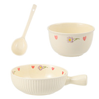 晋和汇餐具套装高温釉下彩奶油风碗盘3件套-奶油花