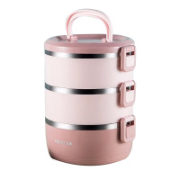 美厨饭盒304不锈钢保温饭盒提锅三层便当盒配餐具樱花粉MCFT629