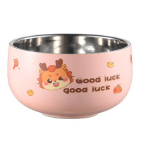 美厨碗12cm不锈钢卡通碗双层隔热汤碗樱粉小龙MCWA5210