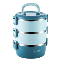 美厨饭盒2L三层保温提锅304不锈钢配餐具北欧蓝MCFT568