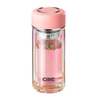 希乐水杯230ml双层玻璃杯迷你小杯子耐高温便携1010粉色