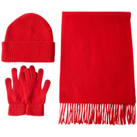 恒源祥帽子三件套围巾手套柔软亲肤蓬松舒适红色1SJT202409