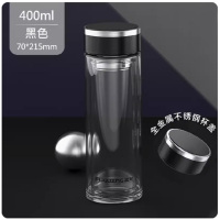 富光(FUGUANG)玻璃杯双层隔热男高档水晶防摔耐热水杯400ML黑色双层加厚