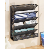 金属文件架壁挂式文件收纳盒办公桌面立式置物架办公室工位挂墙a4文件夹框书桌-六层黑色配3cm宽挂钩