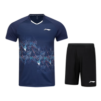 李宁羽毛球服男套装俱乐部系列比赛舒适运动套装两件套吸汗透气 深航舰蓝 AATV009(尺码:XS-3XL)