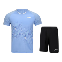 李宁羽毛球服男套装俱乐部系列比赛舒适运动套装两件套吸汗透气 花青蓝 AATV009(尺码:XS-3XL)