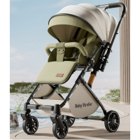 高景观双向婴儿车0到3岁婴儿推车可坐可躺轻便折叠手推车遛娃神器-青芥绿[减震护脊-三折叠款-带拉杆]高景观