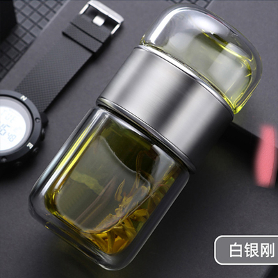 YOY夏季便携双层隔热玻璃杯带盖泡茶杯茶水分离杯 大沙本色 420ml