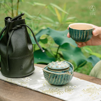 万仟堂 户外泡茶套装功夫茶具带包 荷心合意 绿斑釉 一壶1杯