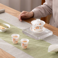 苏氏陶瓷(SUSHI CERAMICS)冰种玉瓷泡茶盖碗手绘釉下彩柿柿如意三才盖碗两茶杯茶具礼盒套装