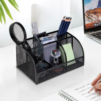 多功能七格组合笔筒 金属网纹桌面收纳盒 办公用品 黑色8903