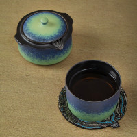 万仟堂旅行茶具 陶瓷快客杯便携茶具 青绿天时地利易泡壶 青绿釉