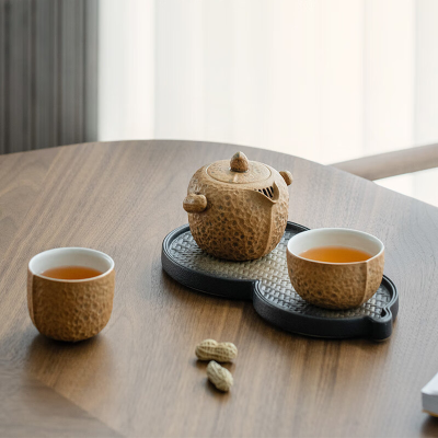 万仟堂旅行茶具陶瓷便携户外茶具 一壶两杯 花生记 黄砂釉+黑铁釉